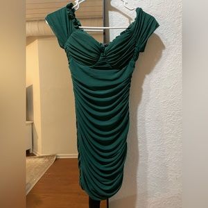 Green scrunched off the shoulder mini dress